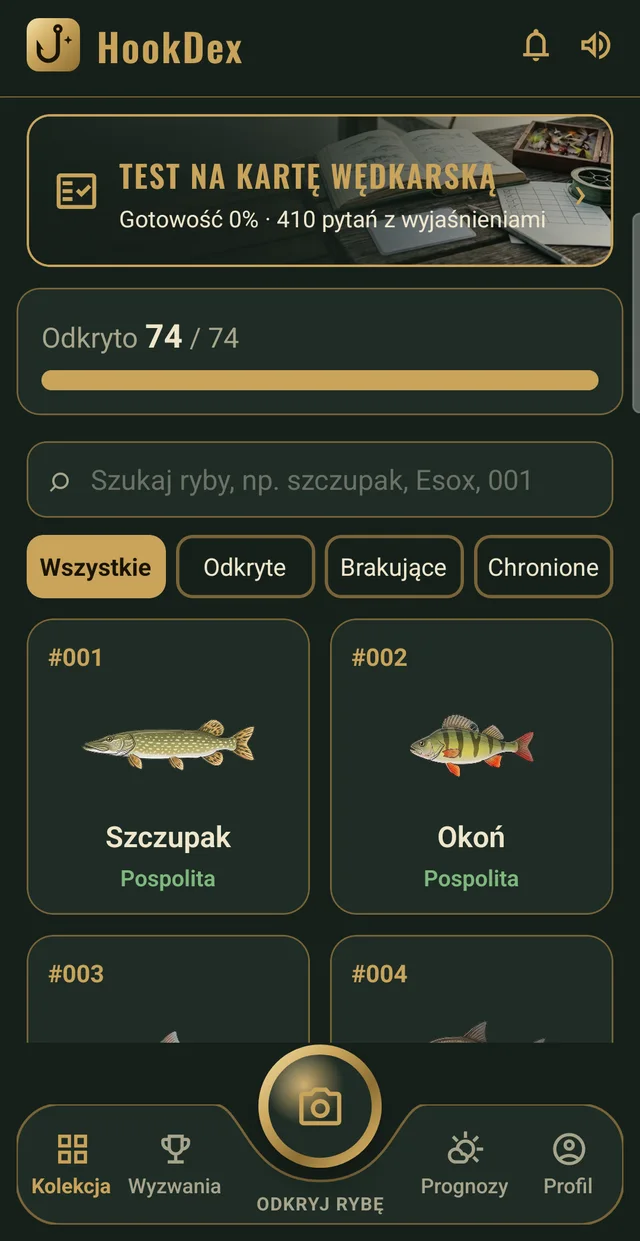 Ekran Kolekcji w aplikacji HookDex: lista gatunków ryb z ilustracjami